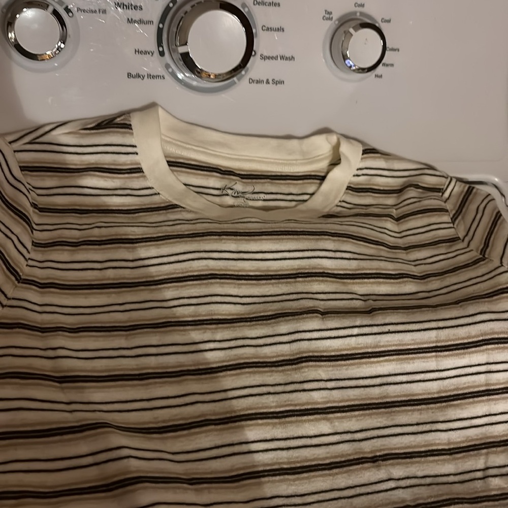 Kim Rogers KIM Brown Tan White 3/4 Sleeves Stripes Tee Round Neckline Women’s L